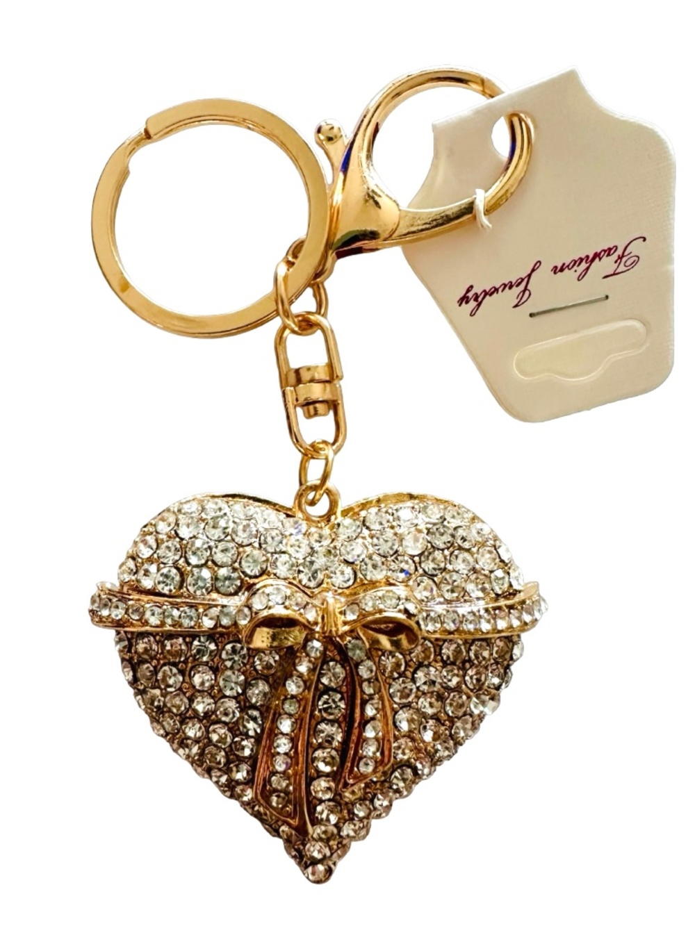 Gold-tone Jeweled Heart & Bow Keychain Ring Handbag Charm 4” Luxury